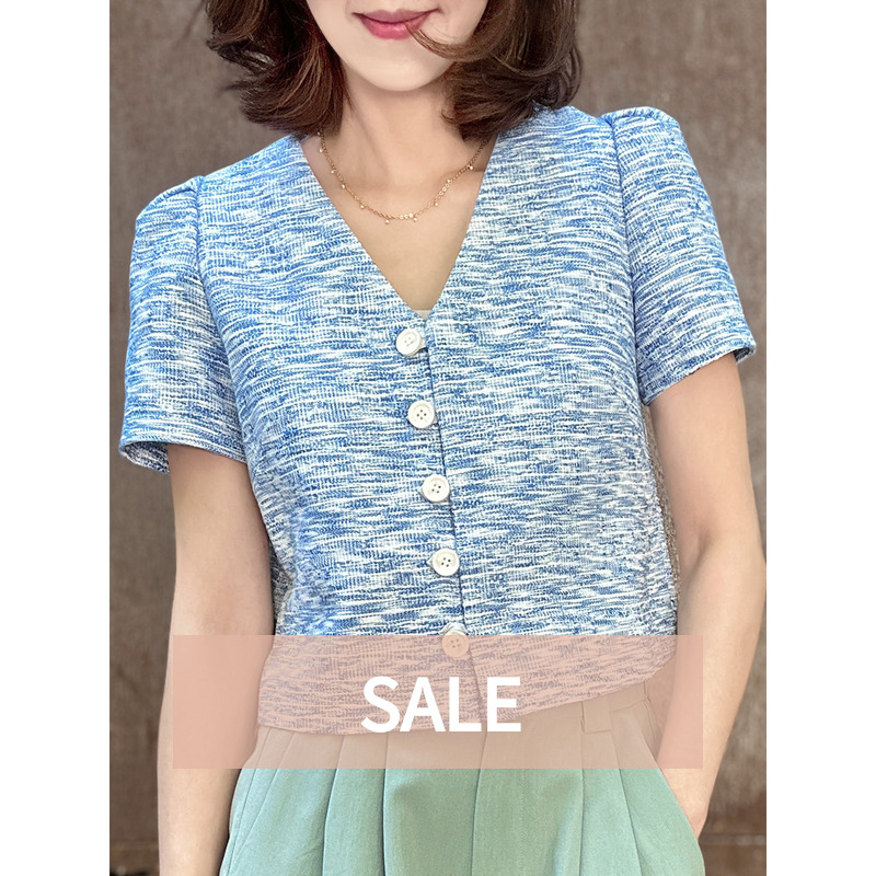 TYNVIE 蓝色泡泡肩V领短花呢夹克