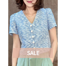 TYNVIE 蓝色泡泡肩V领短花呢夹克