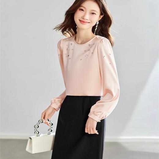 全新升级【铂金会员146/天猫199/差价53】(23349) 洛诗琳重工亮片钉珠衬衫2025春季新款气质圆领百搭雪纺上衣 商品图1