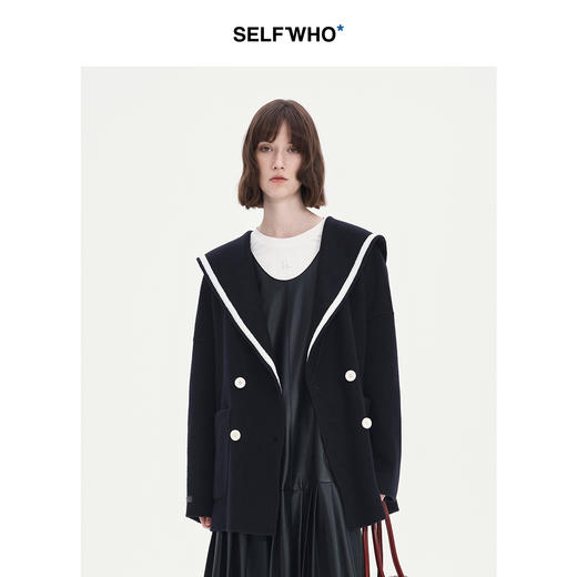 SELFWHO绵羊毛驼绒混纺海军领藏青色外套女2025春季撞色宽松大衣 商品图0