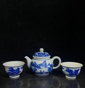 柴窑青花山水茶器