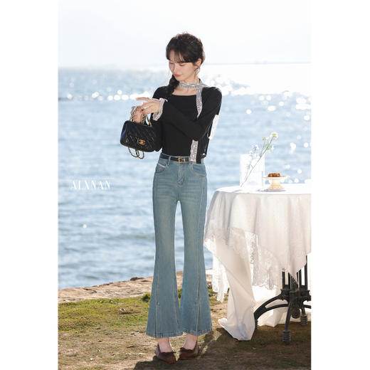 鹿向南「海德公园」蓝色微喇牛仔裤 商品图1