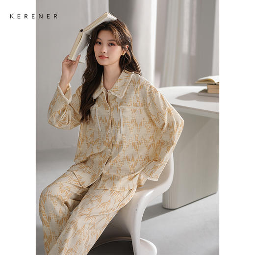 可人儿小众设计师新款奥力绵女士睡衣春秋长袖可外出家居服套装 商品图1