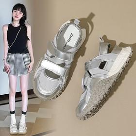 ZHR则则银色镂空包头运动凉鞋女2024夏季新款网面透气老爹鞋女鞋