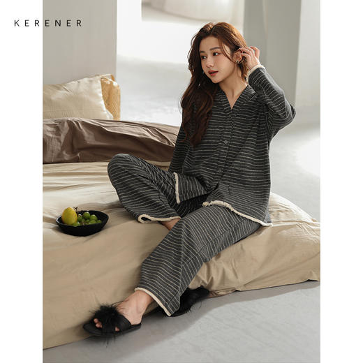 可人儿小众设计师新款奥力绵女士睡衣春秋长袖时尚可外出家居服 商品图1