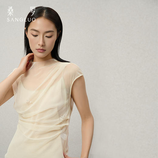 桑罗透明褶皱网纱荡领短袖女钉珠上衣T恤清冷穿搭25年新款 商品图1