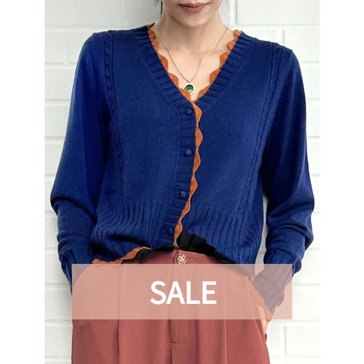 TYNVIE 波浪纹饰边撞色羊绒开衫-蓝色 商品图0