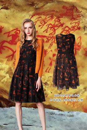 【伯妮斯茵】文艺复古岩画印花黑色连衣裙3S6802--比莫贝卡特岩画
