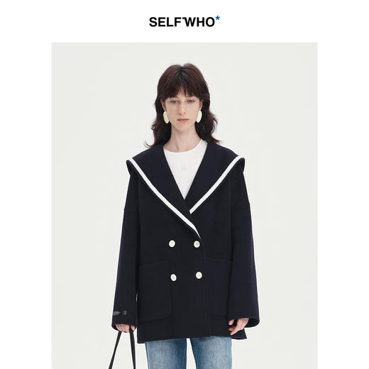 SELFWHO绵羊毛驼绒混纺海军领藏青色外套女2025春季撞色宽松大衣 商品图2
