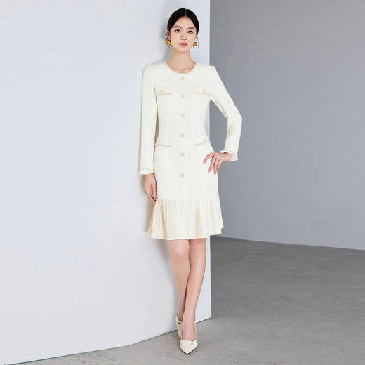 IWY/法式小香风连衣裙女新款米白色名媛范圆领长袖百褶裙子Q1234 商品图0