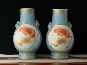 天青釉描金双面开窗福筒尊（金玉满堂、双龙献瑞）