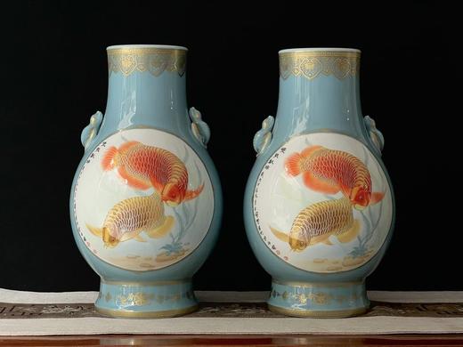 天青釉描金双面开窗福筒尊（金玉满堂、双龙献瑞） 商品图0