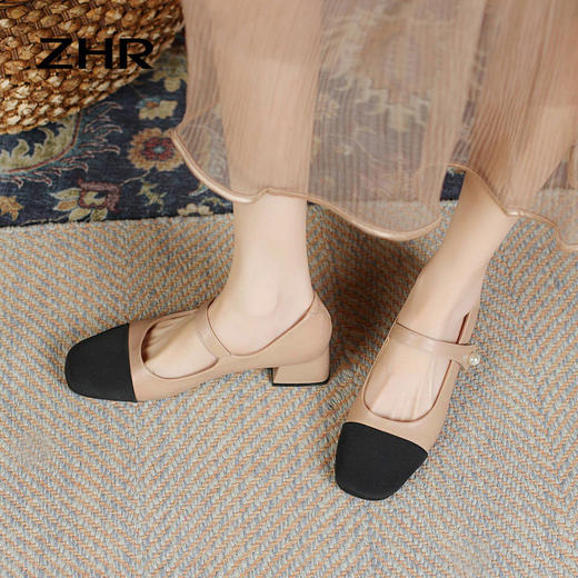 ZHR则则浅口单鞋女2024新款百搭女鞋透气方头小香风玛丽珍鞋粗跟 商品图6