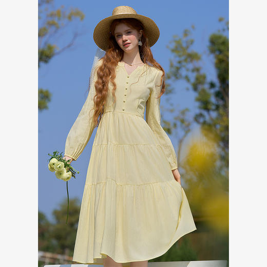 法式浪漫气质温柔蝴蝶结收腰长袖连衣裙女2025蛋糕裙V0450189 商品图0