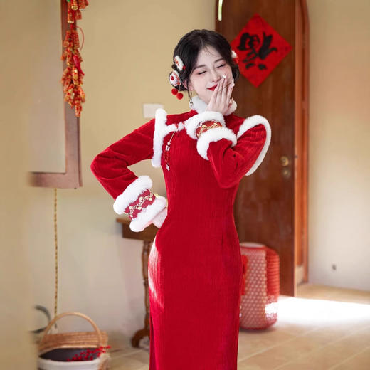 新中式雪尼尔加绒小香风旗袍QZJ991 商品图0