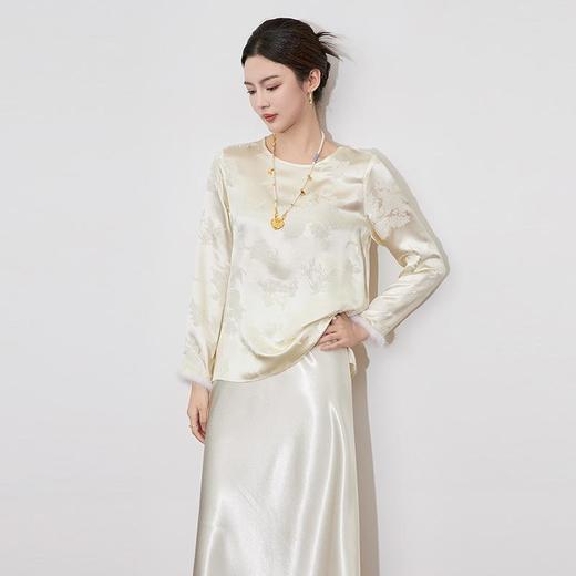 【高货wl】全新升级【铂金会员330/天猫439/差价109】(20535) 洛诗琳新中式国风拼水貂毛上衣2025春季新款真丝提花衬衫 商品图0
