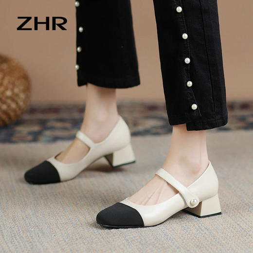 ZHR则则浅口单鞋女2024新款百搭女鞋透气方头小香风玛丽珍鞋粗跟 商品图4
