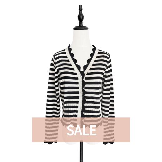 TYNVIE 波浪纹饰边羊绒混纺开衫-黑白条纹 商品图0