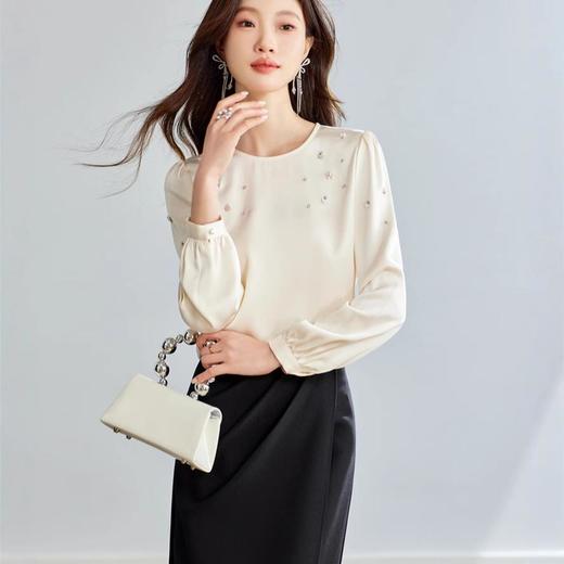 全新升级【铂金会员146/天猫199/差价53】(23349) 洛诗琳重工亮片钉珠衬衫2025春季新款气质圆领百搭雪纺上衣 商品图3