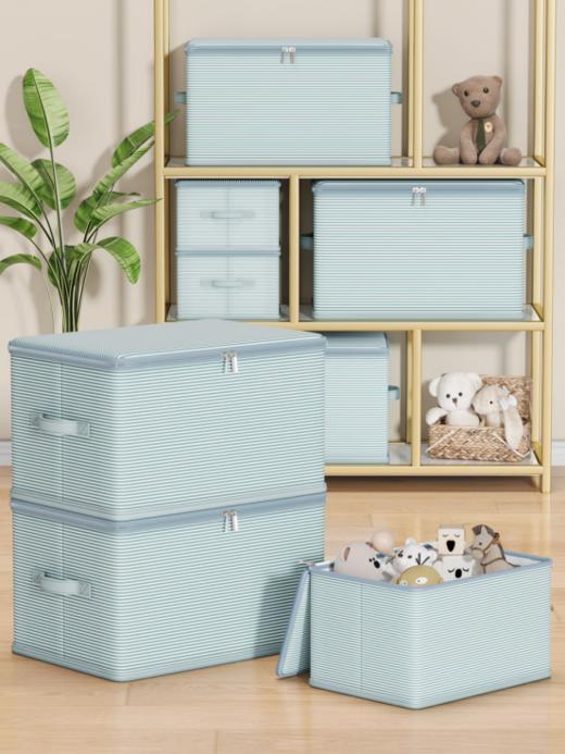 ♥️YOOHOPE宜家风布艺条纹收纳筐🎁 ✅防尘设计：顶部防尘设计，🐻防尘防潮更干净 ✅双拉链开口：方便拿取衣物🤏🏻 ✅可折叠：换季时，可以将底板抽出，折叠起来放置，节省空间家居收纳必备 商品图0