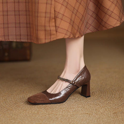 阿么手工女鞋真皮法式复古拼接玛丽珍鞋高跟6.5CM一字带浅口单鞋 商品图3