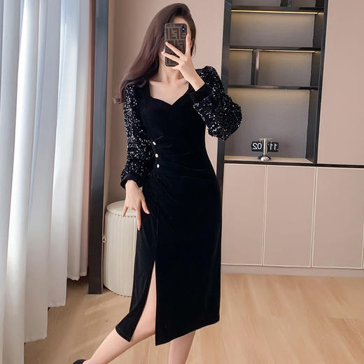 雀说时尚丝绒复古拼接亮片礼服裙新款修身收腰开叉连衣裙女AL897 商品图3