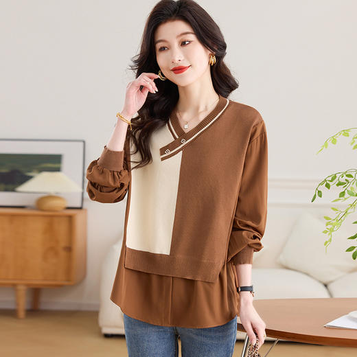 CC-13-2806洋气拼色衬衫拼接针织衫女士2025春季新款洋气宽松小衫假两件上衣 商品图2