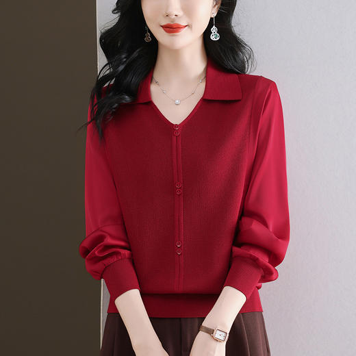 CC-89-522翻领针织衫上衣春装女2025新款冰丝小衫洋气长袖t恤宽松薄款 商品图1