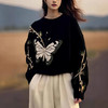 雀说黑色蝴蝶印花毛衣新款高级感圆领宽松慵懒风针织上衣AL5198 商品缩略图3