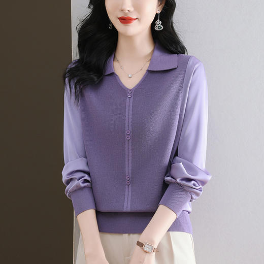 CC-89-522翻领针织衫上衣春装女2025新款冰丝小衫洋气长袖t恤宽松薄款 商品图0