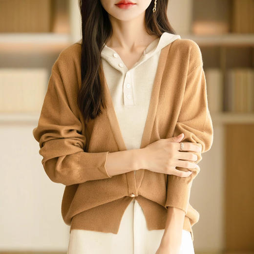 QHJY-JY8214春秋新款女式针织衫温柔慵懒风假两件毛衣拼色连帽领外穿上衣 商品图1