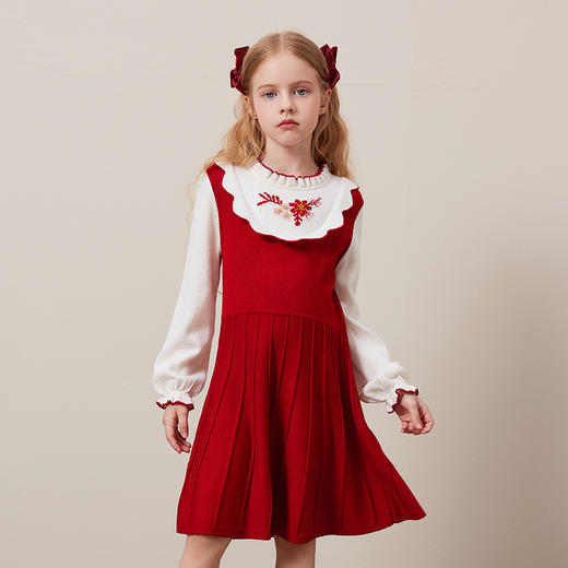 mettekids儿童100%羊毛连衣裙秋冬女童绣花国风毛衣红色针织裙子 商品图3