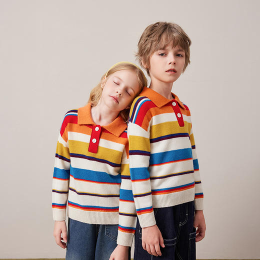 mettekids儿童100%羊绒衫2024秋冬新款男童毛衣女童彩色条纹针织 商品图2
