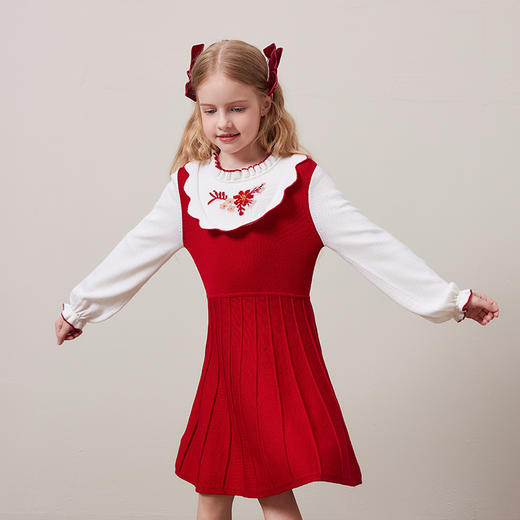 mettekids儿童100%羊毛连衣裙秋冬女童绣花国风毛衣红色针织裙子 商品图2