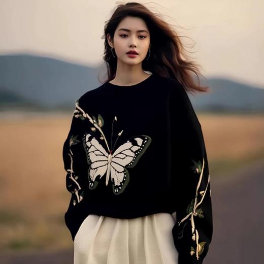 雀说黑色蝴蝶印花毛衣新款高级感圆领宽松慵懒风针织上衣AL5198 商品图0
