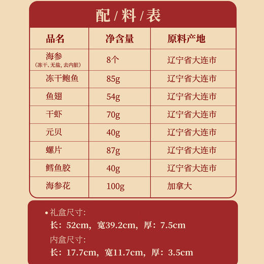 【中秋礼盒】神农金康高档皮质八拼海味礼盒485g【冻干海参8个】海参鲍鱼鱼胶鱼翅元贝螺片 年货礼盒送父母长辈 商品图3