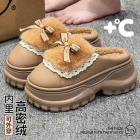 「7cm厚底！四色可选」增高棉拖鞋女2024秋冬新款蝴蝶结防滑毛毛绒外穿保暖棉鞋