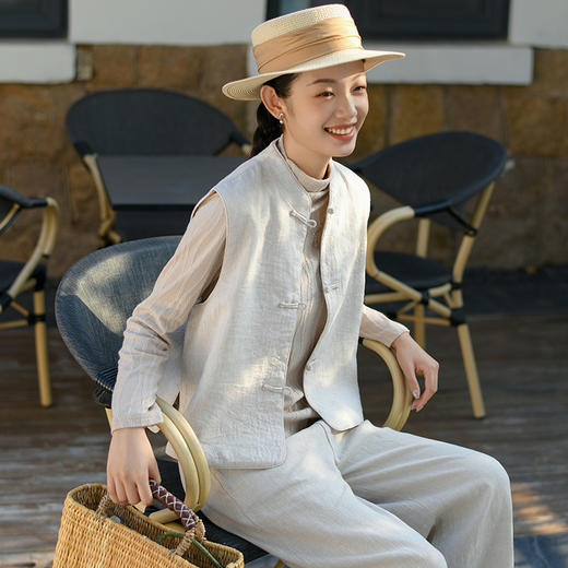 雀说新中式女装早秋新款亚麻马甲女高级感国风复古背心百搭无袖外套AL6366 商品图6
