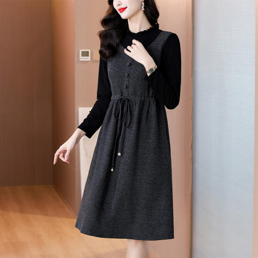 雀说假两件连衣裙女新款时尚洋气立领拼接胖MM宽松系带中长裙AL5821 商品图1