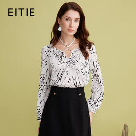 EITIE爱特爱两穿系带气质黑白水墨印花衬衫上衣2025春季新款A2513507