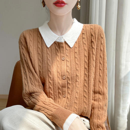 QHJY-J1127秋冬100安迪绒翻领假两件绞花拼接针织开衫上衣外套 商品图2