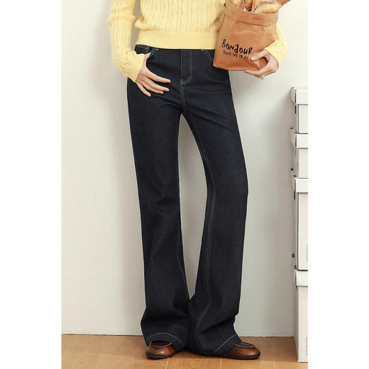 【严选】诗凡黎黑藏青微喇牛仔裤2025年春新款高腰显瘦百搭设计感休闲长裤7G2250131 商品图2