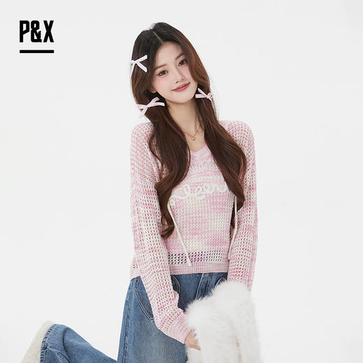 P&X设计师女装 新款甜美百搭镂空两件套短款上衣825115101 粉色 商品图2