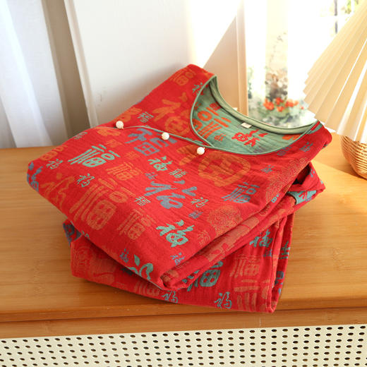 雀说复古纯棉双面提花福气满满喜庆套装色织双层纱薄款女睡衣AL041 商品图1