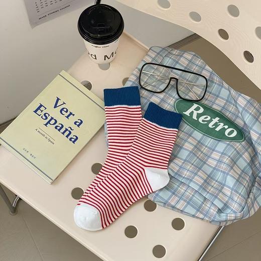 【纯棉高筒袜！舒适透气不闷脚】撞色条纹袜子女春秋款中筒红色条纹堆堆袜复古ins潮秋冬长袜。ry 商品图6