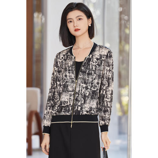剩S/M/L 米思阳2026春季新款设计感印花短外套双拉链立领休闲通勤上衣5476 商品图5