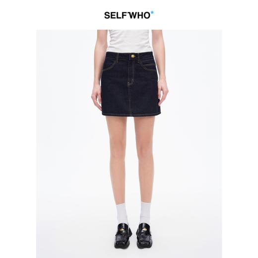 SELFWHO复古撞色线不对称口袋牛仔短裙女2025春新款高腰a字半身裙 商品图0