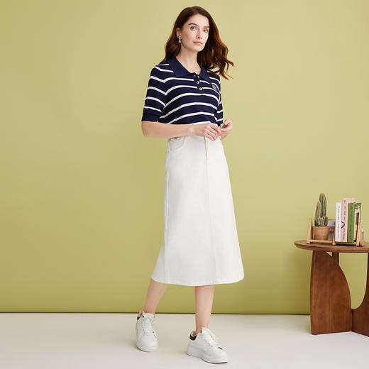 EITIE爱特爱简约白色显瘦高腰开叉a字过膝牛仔半身裙春季新款A2506515 商品图3