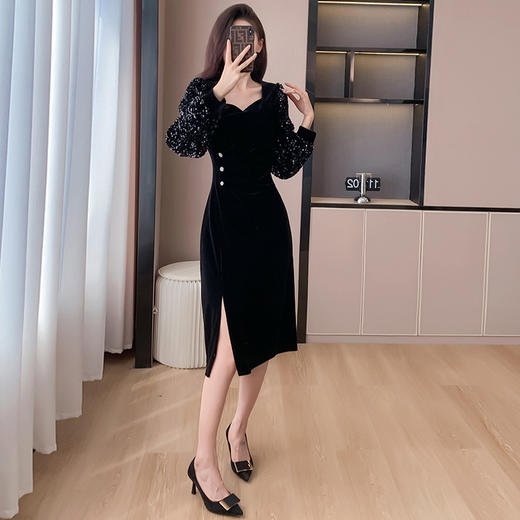 雀说时尚丝绒复古拼接亮片礼服裙新款修身收腰开叉连衣裙女AL897 商品图2