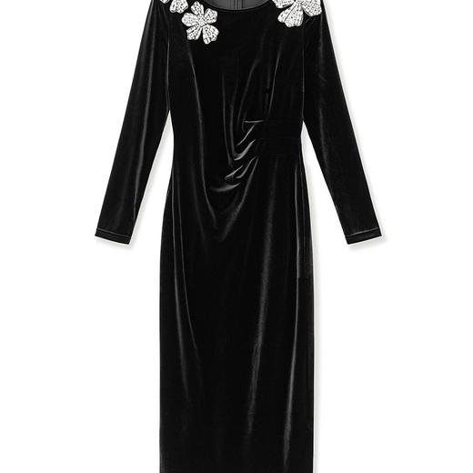 【高货wl】全新升级【铂金会员312/天猫419/差价107】(42554) 洛诗琳早春钉珠花朵丝绒长袖高级感修身气质中式连衣裙 商品图4